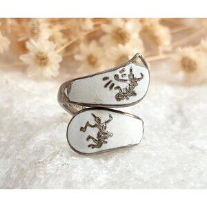 White Guilloche Wrap Siam Thai Made 925 Sterling Silver Vintage Ring - sz 5.75